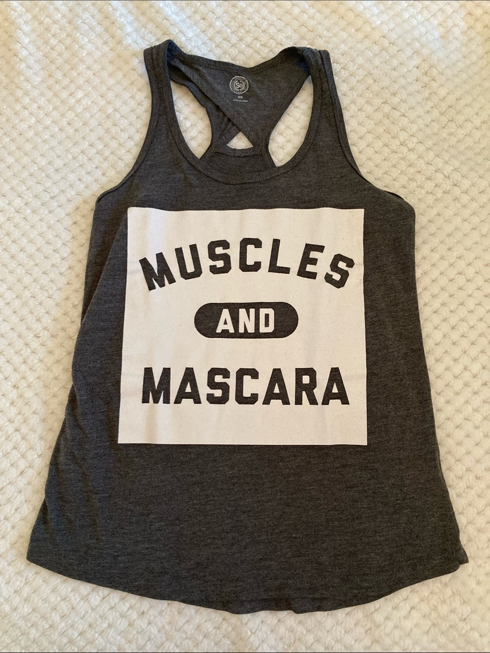 SO Dark Gray Muscle Tee with White 'Muscles and Mascara' Graphic